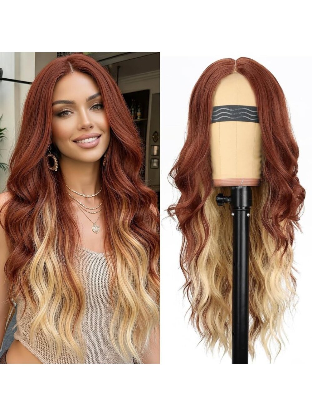 Women's Copper Blonde Lace Hairline 26 Inch Synthetic Heat Resistant Wavy Wigs